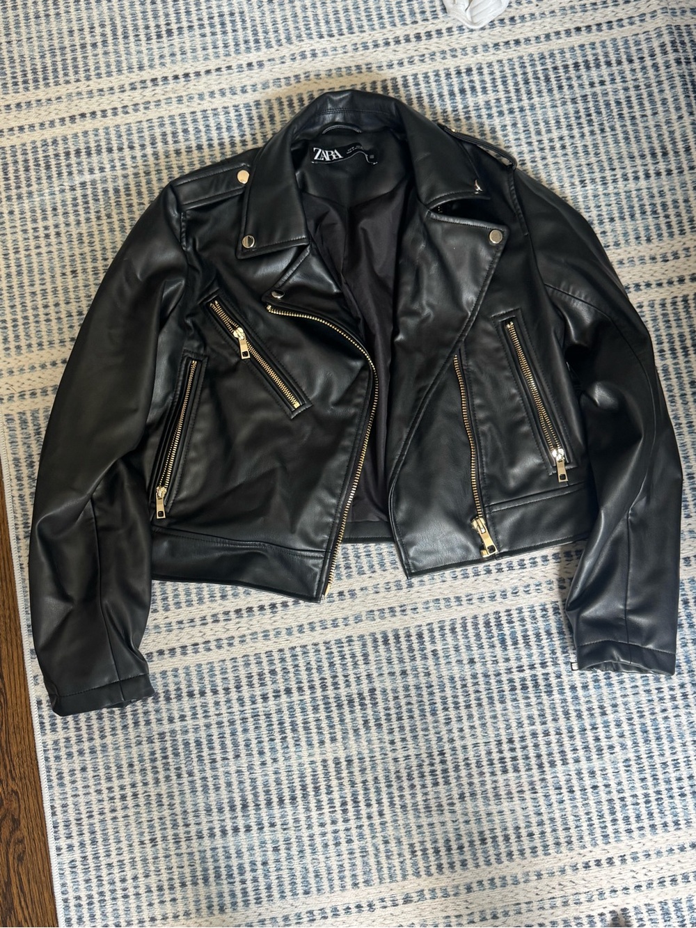 Zara Black Faux Leather Biker Jacket with Gold Hardware